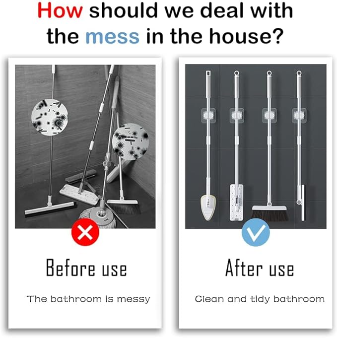 3-H 8-Pack Self Adhesive Broom Holder Wall Mount - Heavy Duty No Drill Broom Organizer for Garage Closet Kitchen, Plastic Storage Rack for Brooms Mops Tools, Peel and Stick Adhesive,Beige White