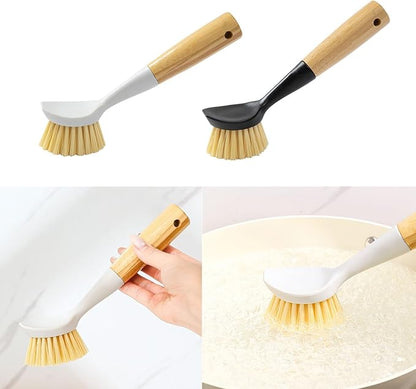 2 Pack Kitchen Dish Brush+1 Pair Reusable Rubber Gloves,Kitchen Cleaning Sets,Bamboo Handle Dish Scrubber Built-in Scraper, Scrub Brushes for Pans Pots Sink Dishwashing,Range Hood (Black)