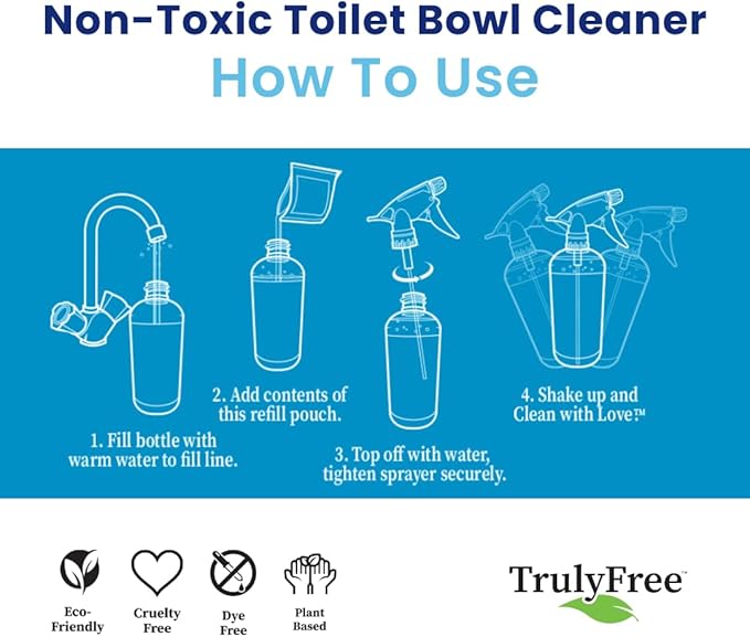 Truly Free Toilet Bowl Cleaner - Heavy-Duty Stain Remover - Septic Safe, Plant-Based Formula - Fresh Peppermint Scent - 2 Refills (3oz) with Empty Refillable Bottle