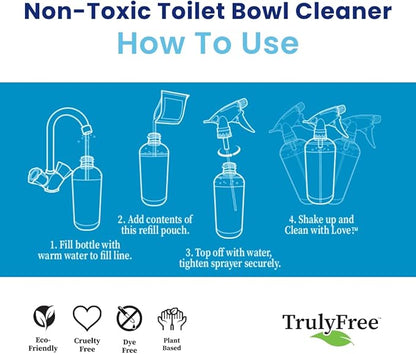 Truly Free Toilet Bowl Cleaner - Heavy-Duty Stain Remover - Septic Safe, Plant-Based Formula - Fresh Peppermint Scent - 2 Refills (3oz) with Empty Refillable Bottle
