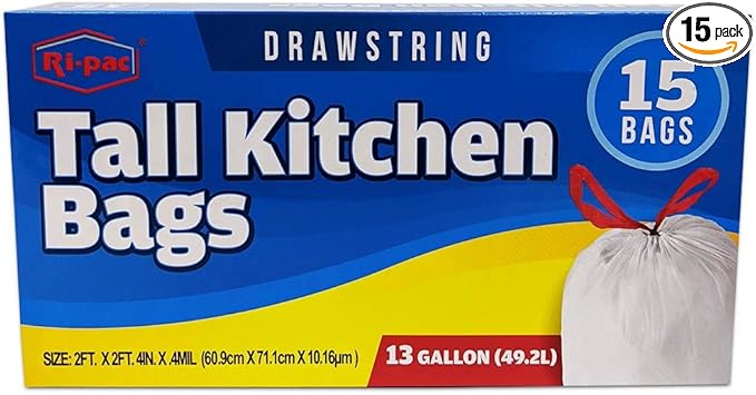 Ri-pac Tall Kitchen Trash Bags with Drawstring 13 Gallon 15 Count Bags