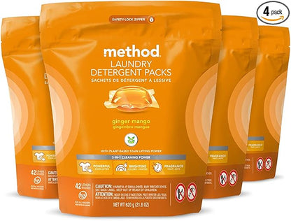 Method Laundry Detergent Packs; Ginger Mango Scent; Stain Remover Solution that Works in Hot & Cold Water; 42 Packs per Bag; 4 Pack (168 Loads); Packaging May Vary