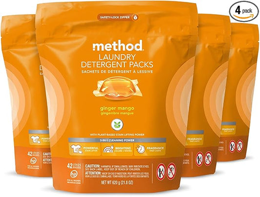 Method Laundry Detergent Packs; Ginger Mango Scent; Stain Remover Solution that Works in Hot & Cold Water; 42 Packs per Bag; 4 Pack (168 Loads); Packaging May Vary