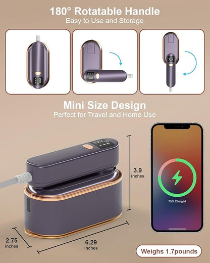 Travel Steamer Iron for Clothes - 1200W Handheld Size Portable Travel Steamer, 3 Steam Levels Clothes Steamer with LCD Screen, 10S Fast Heat-up Steamer for Dress Shirt Home Travel (Gray Purple)