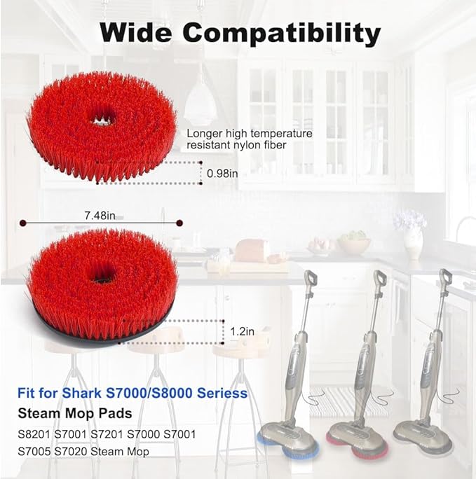 Steam Mop Pads Replacement Brush Head for Shark Steam Mop S7000/S7001/S8201 Series - Upgrade Brush Heads with Nylon Bristles, Deep Clean Hardwood & Tile Floors, Scratch-Free Polish (Red)