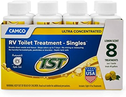 Camco TST MAX RV Toilet Treatment - Formaldehyde Free - Breaks Down Waste And Tissue - Septic Tank Safe - Treats up to 8-40 Gallon Holding Tanks -Lemon Scent, (8) 4 oz Bottles (41571)