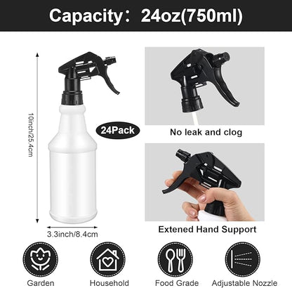 Gerrii 24 Pcs 24oz Plastic Spray Bottle Bulk, Empty Refillable Squirt Bottles for Cleaning Solution, Leak Proof Water Spray Bottle with Adjustable Nozzle and Sticker Commercial Supplies (Black)