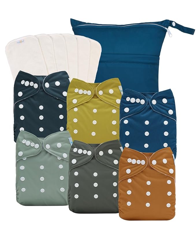 Babygoal Baby Reusable Neutral Cloth Diapers, One Size Adjustable Washable Pocket Nappy Covers 6 Pack+6pcs Rayon from Bamboo Inserts+Wet Bag