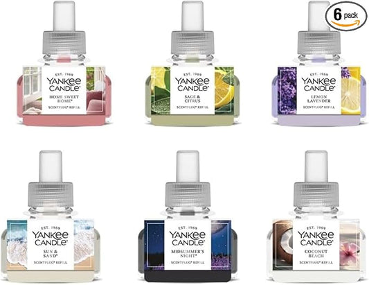 Yankee Candle ScentPlug Air Freshener Refill, Relax & Renew, Electric Plug-In Fragrance Oil for Home Odor Neutralizing and Calming Ambience, Long Lasting Scent, 6-Count (Variety Pack)