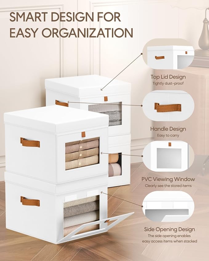 Storage Bins with Lid – Closet Organizer with Side Opening and Clear Window, Foldable Stackable Fabric Basket for Clothes, Home, Office - 13.77" x 11.8" x 9.8", 4 Pack, White