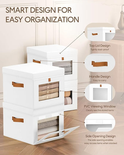 Storage Bins with Lid – Closet Organizer with Side Opening and Clear Window, Foldable Stackable Fabric Basket for Clothes, Home, Office - 13.77" x 11.8" x 9.8", 5 Pack, White