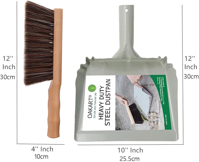 Metal Dust Pan and Brush Set Soft Bristle Wooden Broom Heavy Duty for Fireplace, Garage, Workshop
