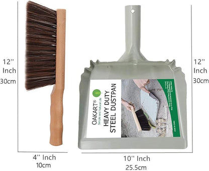 Metal Dust Pan and Brush Set Soft Bristle Wooden Broom Heavy Duty for Fireplace, Garage, Workshop