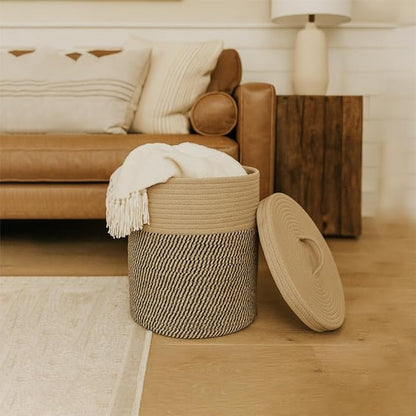 Yimi's Dream Cotton Rope Basket with Lid – Soft Storage Bin for Home Organization, Brown & Brown‑Black Pattern, Sturdy, Lightweight & Stylish, 11.5″ Round x 13.5″ High