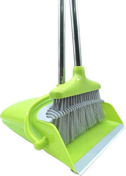 Extendable Long Handle Broom and Dustpan Set, Stainless Lightweight Upright Standing Broom and Dustpan Combo for Kitchen Lobby Office Living Room Household Indoor or Outside (Green)
