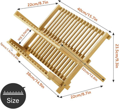 KKTONER Bamboo Dish Drying Rack 2 Tier Foldable Plate Organizer Collapsible Plate Organizer Holder for Kitchen Countertop (Natural)
