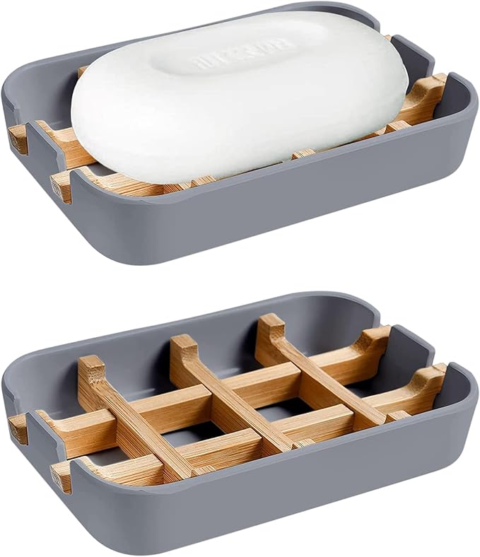 Aoheuo Modern Bamboo Fiber soap Holder and soap Dish Combination (Removable), Gray, 5.12 Long by 3 Wide, 0.98 inches high, Used in Kitchens, bathrooms, and bar Sinks