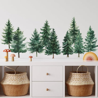 Watercolor Pine Tree Wall Decals Green Pine Tree Wall Sticker Forest Nature Woodland Home Decor for Nursery Bedroom Living Room