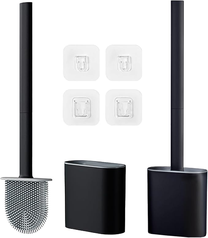 Toilet Brush and Holder Set, Wall Mounted Toilet Bowl Brush Head with Silicone Bristles, 2 Pack Black Compact Size for Storage and Organization Scrub Brush for RV Bathroom Accessories