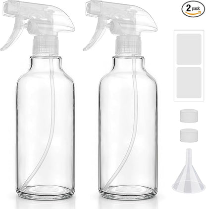 Glass Spray Bottles 16.9oz Empty Spray Bottle Mist/Stream Spraying Small Refillable Containers for Hair Care, Cleaning Solutions, Plants, Essential Oils 2 Pack (Clear, 16.9oz)