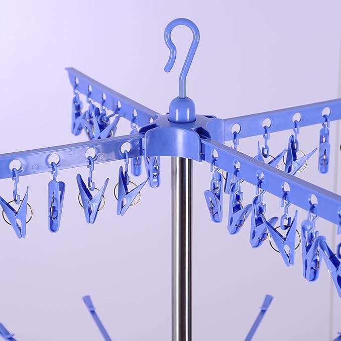 BAOYOUNI Folding Clothes Drying Rack 3-Tier Indoor Outdoor Space Saving Stand Hanger with 24 Clips and 32 Towels Bars for Baby Clothes, Cloth Diapers, Socks, Bras, Towels, Underwear (Blue)