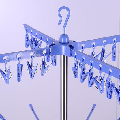 BAOYOUNI Folding Clothes Drying Rack 3-Tier Indoor Outdoor Space Saving Stand Hanger with 24 Clips and 32 Towels Bars for Baby Clothes, Cloth Diapers, Socks, Bras, Towels, Underwear (Blue)