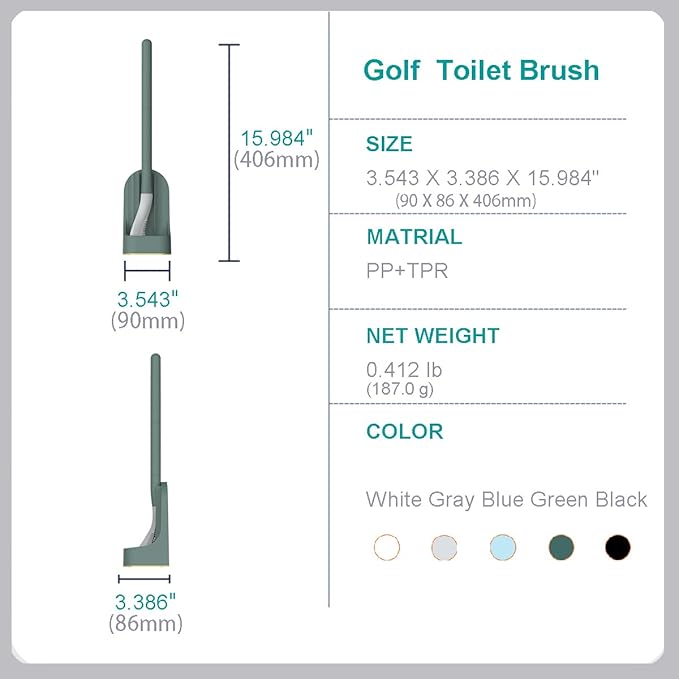 Toilet Brush, Long Handle Golf Toilet Brush with Holder 360° Deep Cleaning Flexible Silicone Toilet Cleaner Brush Wall Mounted for Bathroom (Green)