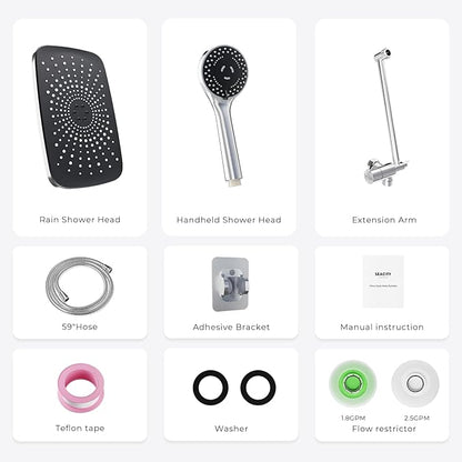 Wide Rain Shower Head With 5 Modes Handheld Showerheads, High Pressure Showerhead Combo with Extension Arm for Bathroom Accessories, Adjustable Shower Head with Anti-Clog Nozzles (Chrome)