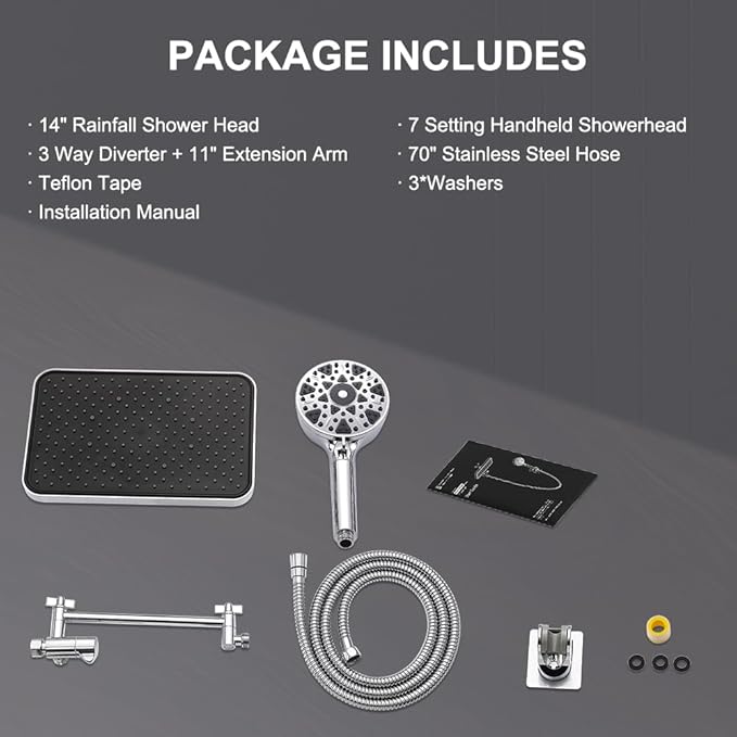 14'' Bathroom Filtered Shower Head with Handheld -Both High Pressure -Rain Shower Hea&9 Spray Mode Showerhead with Filters, 11'' Extension Arm Height Adjustable & 70" Anti-Kink Hose, Chrome