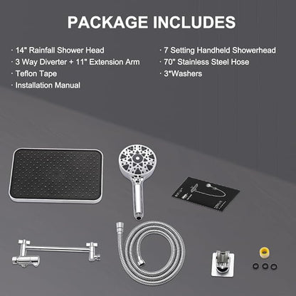 14'' Bathroom Filtered Shower Head with Handheld -Both High Pressure -Rain Shower Hea&9 Spray Mode Showerhead with Filters, 11'' Extension Arm Height Adjustable & 70" Anti-Kink Hose, Chrome