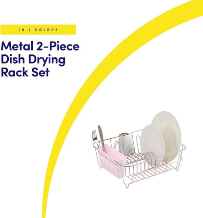 Dish Drying Rack & Cutlery Holder 2 Piece Set - Compact Sink-Fitting Dish Drainer with Rubberized Undercoating, Space-Saving Kitchen Organizer for Plates, Cups, Bowls & Utensils in Sink, Pale Pink