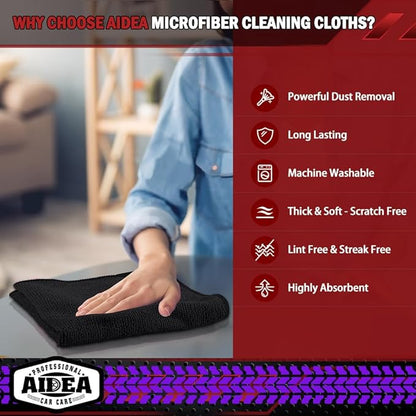 AIDEA Microfiber Cleaning Cloth Black 10PK, Microfiber Towels for Cars, Premium Wash Cloths, Dusting Cloth Lint Free Cleaning Rags for SUVs, House, Kitchen, Window, Cleaning Supplies12×12" (Pack of 2)