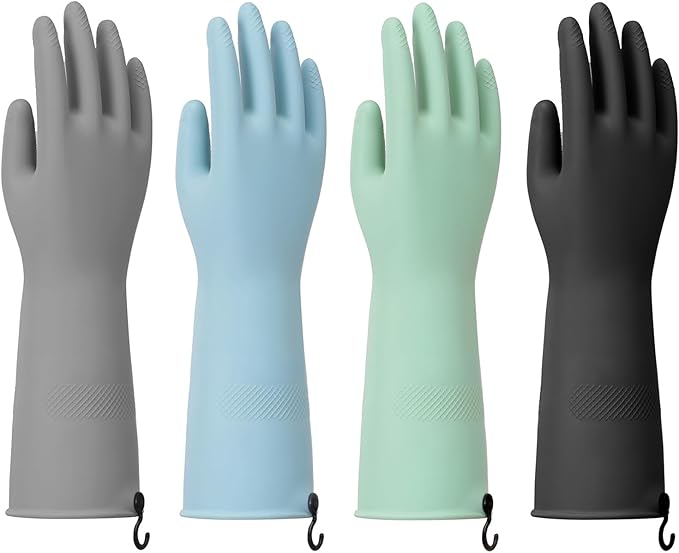 Dishwashing Gloves for Kitchen, 4 Pairs Rubber Cleaning Household Dish Washing Latex Glove with Hanging Hook (Black+Blue+Green+Grey, Large)