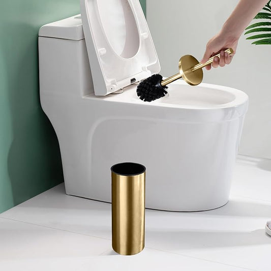 Toilet Brush and Holder Set - Brushed Stainless Steel Gold Toilet Brush and Holder with Removable Liner and Splash Protection - Dense bristles (with Brush Handle)