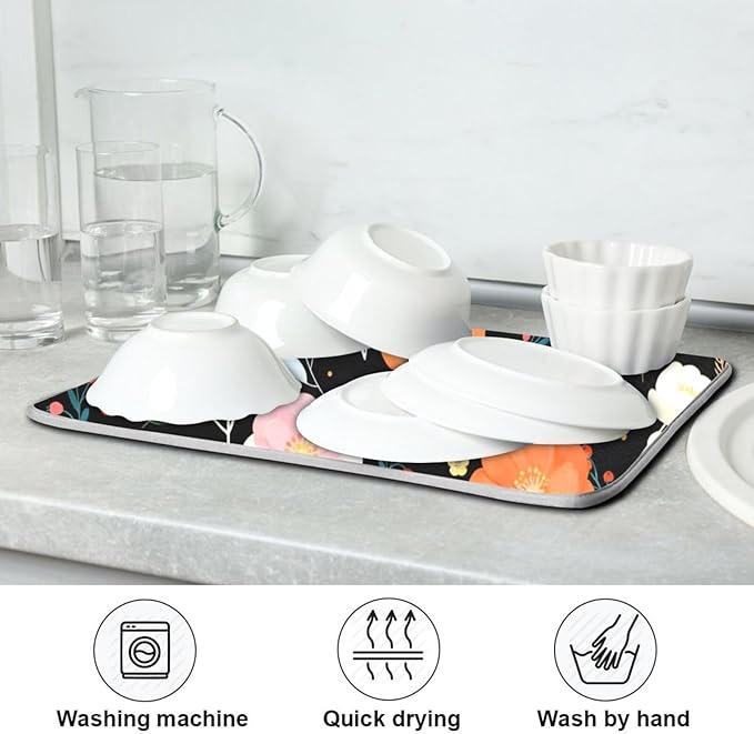 Dish Drying Mat for Kitchen Counter Colorful Flowers Black Absorbent Drying Matt for Dishes Sink Countertop 16'' x 18''