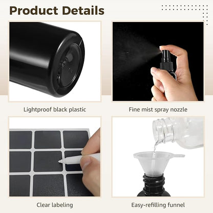 ZALIR 100 Pcs Black 1 oz Spray Bottles Set with Black Stickers and Funnels - 30ml Refillable Spray Bottles with Fine Mist Sprayer for Essential Oils, Bath, Beauty, Cleaning Solutions