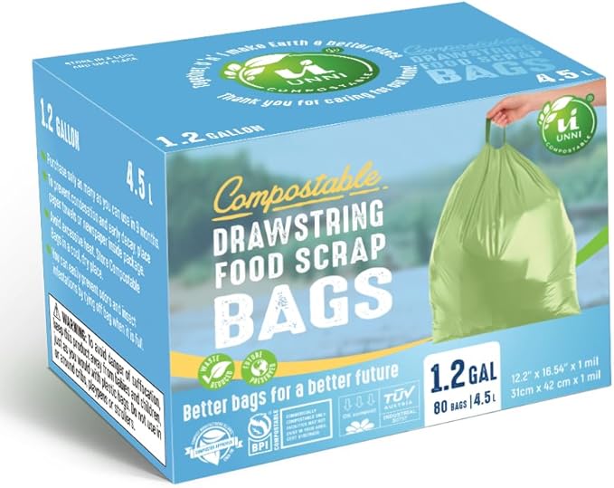 UNNI Compostable Drawstring Bags, 1.2 Gallon, 4.5 Liter, 80 Count, Heavy Duty 1 Mil, Small Kitchen Food Scrap Waste Bags, ASTM D6400, US BPI, CMA & Europe OK compost Certified, San Francisco