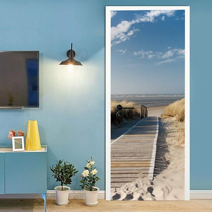 3D Door Stickers Murals Peel and Stick - Jetty to The sea - Wallpaper Self-Adhesive Decals Removable PVC Waterproof Poster for Bedroom Living Room Decoration 30.3"x78.7"