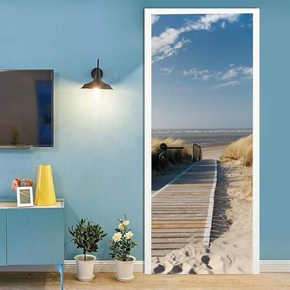 Door Wallpaper Self-Adhesive Poster 3D Picture - Bridge to The Sea Film Photo Premium PVC Waterproof Sticker Wall for Bedroom Living Room Decoration