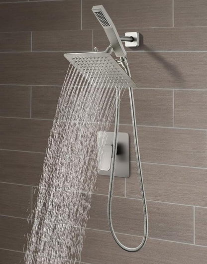 All Metal Shower Faucet Set, Dual Square Shower Head System with Handheld Wand, Diverter, Hose Complete Combo, Pressure Balance Rough-in Valve Included(Brushed Nickel)