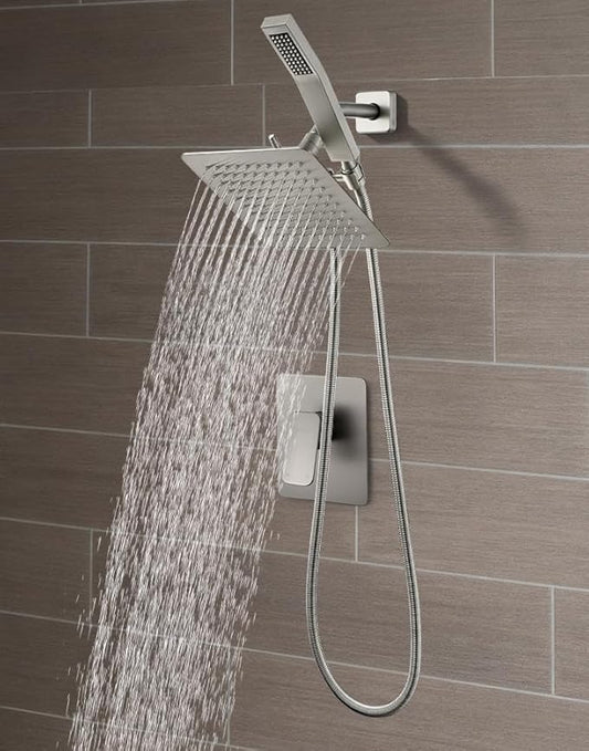 All Metal Shower Faucet Set, Dual Square Shower Head System with Handheld Wand, Diverter, Hose Complete Combo, Pressure Balance Rough-in Valve Included(Brushed Nickel)