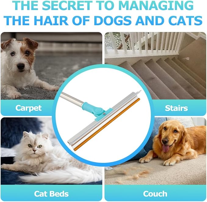 Carpet Rake for Pet Hair Removal, 1 Pet Hair Removal Tool with 2 Pet-Comb, 55” Reusable Dog-Hair Carpet Rake with Adjustable Long Handle, for Sofa, Couch, Car, Rug(Color:Blue)