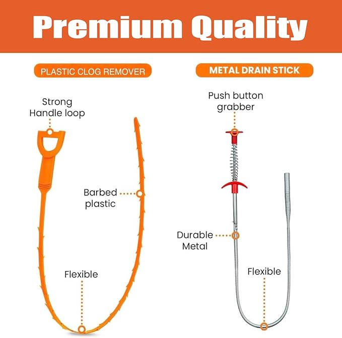 Drain Snake Hair Clog Remover – 20 Inch Plastic Sink Unclogger & Stainless Steel Claw - Drain Cleaner Tool for Kitchen, Bathroom, Tub Toilet Orange (3+1), Plungers for Clearing Blocked Drains