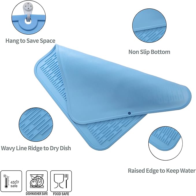 MicoYang Silicone Dish Drying Mat for Multiple Usage,Easy clean,Eco-friendly,Heat-resistant Silicone Mat for Kitchen Counter or Sink,Refrigerator or Drawer Liner Light Blue 2XL 24 inches x 18 inches