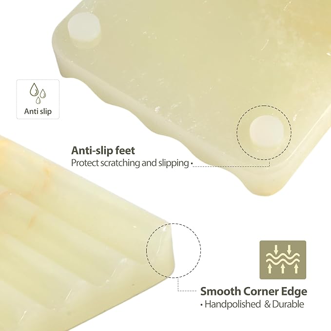 Koville Green Onyx Soap Dish Genuine Marble Soap Dish for Bathroom Shower, Natural Onyx Stone Soap Tray for Bathroom, Bar Soap Holder for Sink, Stripe Grooves Saver Keep Bars Dry Easy Clean