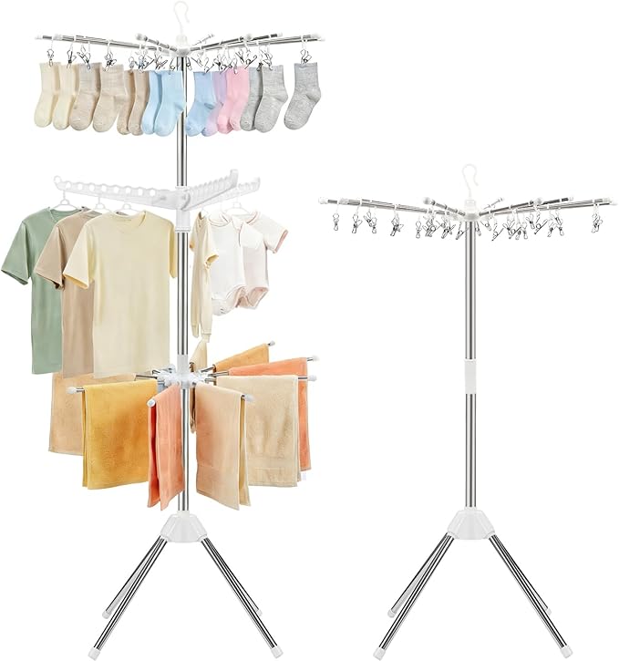 Foldable Clothes Drying Rack - 3 Tier Laundry Drying Rack, Portable Clothing rack with Rotating Clothes Rail with 30 Clips,10 towel sticks and 3 Rotatable Arms, Suitable for Flats and Small Rooms