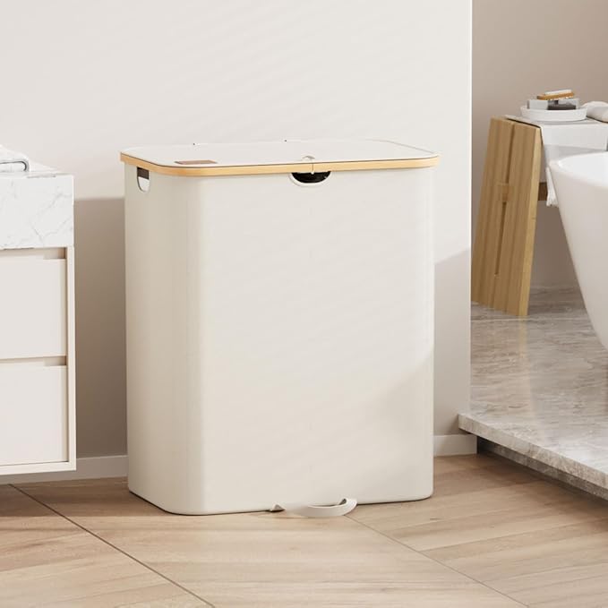 160L Double Laundry Hamper with Lid, Dirty Clothes Hamper with 2 Removable Bags, Beige Laundry Hamper 2 section with Bamboo Handles Easy to Carry for Bedroom, Bathroom, Dorm, College