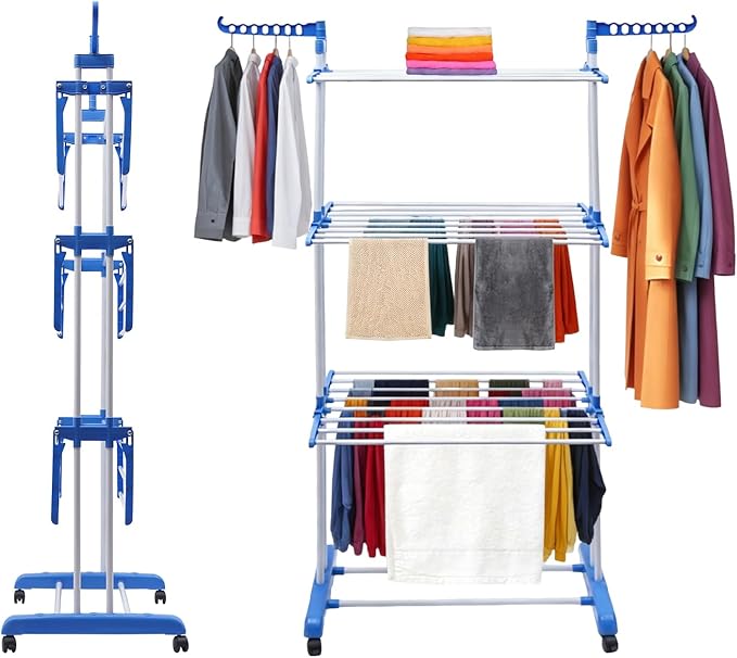 Foldable Clothes Drying Rack, 4 Tier Metal Clothes Rail with Wheels 7 Windproof Hooks Clothes Horses Rack Laundry Garment Dryer Stand with 2 Side Wings Indoor, Outdoor, Bedroom, Loft (Blue)