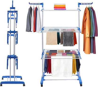 Foldable Clothes Drying Rack, 4 Tier Metal Clothes Rail with Wheels 7 Windproof Hooks Clothes Horses Rack Laundry Garment Dryer Stand with 2 Side Wings Indoor, Outdoor, Bedroom, Loft (Blue)