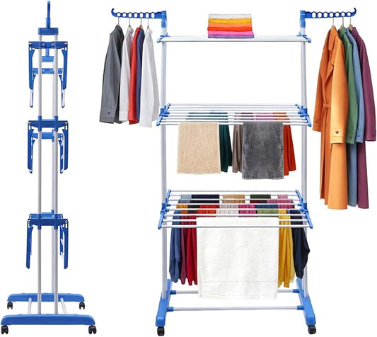Foldable Clothes Drying Rack, 4 Tier Metal Clothes Rail with Wheels 7 Windproof Hooks Clothes Horses Rack Laundry Garment Dryer Stand with 2 Side Wings Indoor, Outdoor, Bedroom, Loft (Blue)